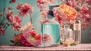 Liquid soap a bottle, flowers, concept lotion care health clean design shower table beauty