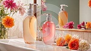 Liquid soap a bottle, , flowers, concept template care, moisturizer clean design shower table beauty