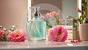 Liquid soap a bottle, , flowers, concept template care moisturizer clean design shower table beauty