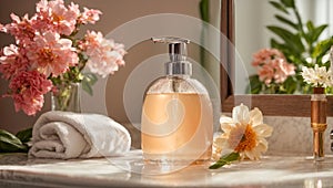 Liquid soap a bottle, flowers, cosmetic bathroom care health clean design shower table beauty