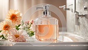 Liquid soap a bottle, flowers, product bathroom care health clean design shower table beauty