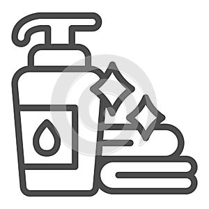 Liquid soap and clean towels line icon, makeup routine concept, Hygienic products in bathroom sign on white background