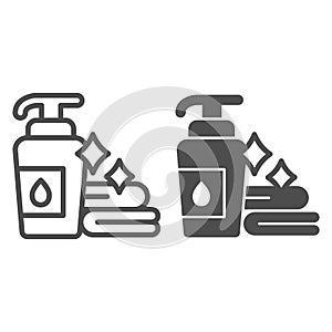 Liquid soap and clean towels line and solid icon, makeup routine concept, Hygienic products in bathroom sign on white