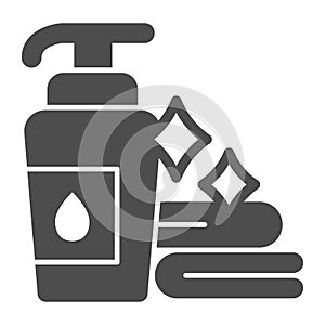 Liquid soap and clean towels solid icon, makeup routine concept, Hygienic products in bathroom sign on white background