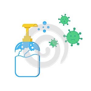 Liquid soap destroy virus bacteria concept cartoon