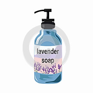 Liquid soap with lavender in a bottle with a dispenser.