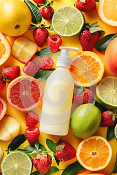 A liquid soap or shampoo bottle with fresh fruits and berries