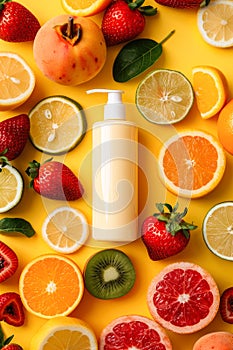 A liquid soap or shampoo bottle with fresh fruits and berries.Flat lay