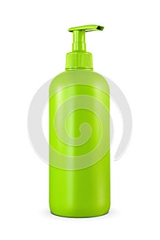 Liquid soap or shampoo in green blank plastic bottle with dispenser cap isolated on white background