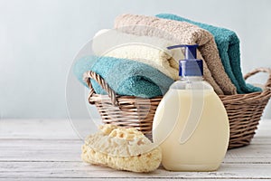 Liquid soap, sponge and towels
