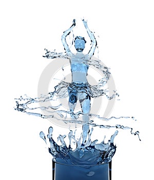 Liquid splash of blue fresh water in woman or girl dancing ballerina form, isolated on white background.