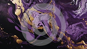 Liquid Swirls in Beautiful Purple and Black colors, with Gold Powder. Abstract Acrylic Pour Background