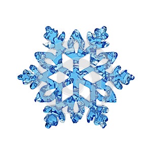 Liquid translucent snowflake made of crystal blue water isolated on white background. 3d render.