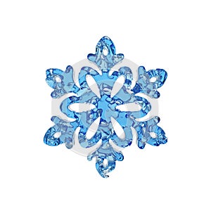 Liquid translucent snowflake made of crystal blue water isolated on white background. 3d render.