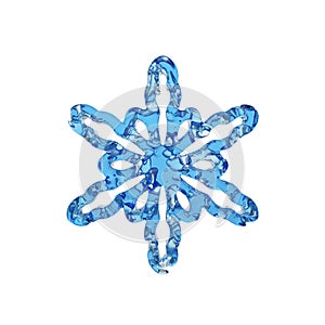 Liquid translucent snowflake made of crystal blue water isolated on white background. 3d render.