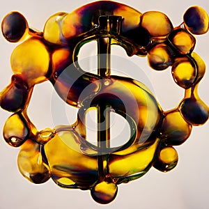 liquid and viscous dollar money sign like motor oil drops and stream close-up.