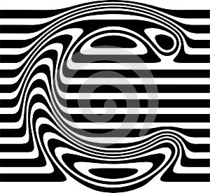 Liquified letter C, 3d striped sign, optical illusion font for opart style logo and monogram. Vector typographic design