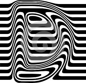 Liquified letter D, 3d striped sign, optical illusion font for opart style logo and monogram. Vector typographic design