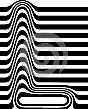 Liquified letter L, 3d striped sign, optical illusion font for opart style logo and monogram. Vector typographic design photo