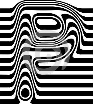 Liquified letter P, 3d striped sign, optical illusion font for opart style logo and monogram. Vector typographic design