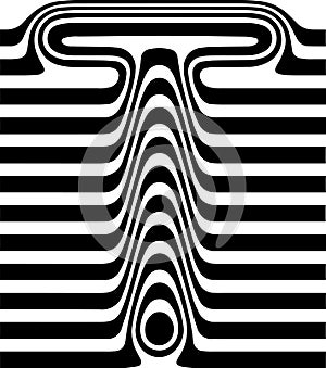 Liquified letter T, 3d striped sign, optical illusion font for opart style logo and monogram. Vector typographic design