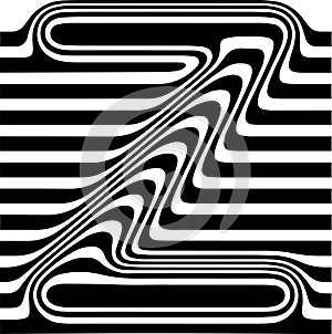 Liquified letter Z, 3d striped sign, optical illusion font for opart style logo and monogram. Vector typographic design