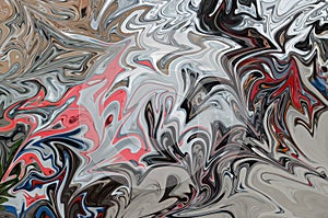 Liquify Abstract Pattern With Black, Coral And Grey Graphics Color Art Form. Digital Background With Liquifying Flow