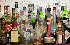 Liquor bottles on a bar