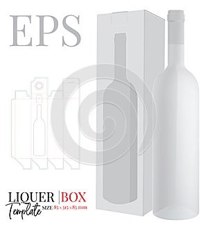 Liquor box template, vector with die cut / laser cut layers. White, clear, blank, isolated Bottle Gift Box window mock up