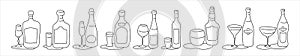 Liquor rum champagne tequila wine vodka whiskey martini vermouth bottle and glass outline icon on white background. Black white