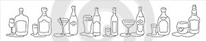 Liquor rum martini beer vodka vermouth tequila whiskey bottle and glass outline icon on white background. Black white cartoon