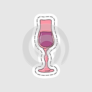 Liquor wineglass as a sticker. Cartoon sketch graphic design. Doodle style. Colored hand drawn image. Party drink concept for