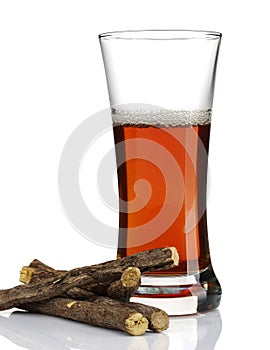 Liquorice root and a glass of tea