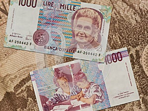 Lire banknotes depicting Maria Montessori.