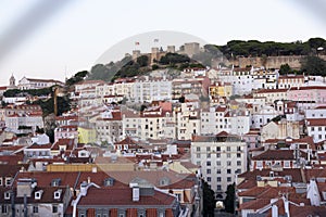 Lisboa, Portugal - 19.09.2023 View to Sao Jorge Castle and cityscape in Lisbon, from Santa Justa Elevator. Lisbon city, Portugal.