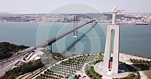 Lisbon aerial cityscape and 25th of April bridge view, Portugal