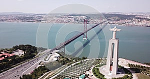 Lisbon aerial cityscape and 25th of April bridge view, Portugal