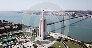 Lisbon aerial cityscape and 25th of April bridge view, Portugal