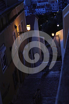 Lisbon alleys in nocturnal cold colors