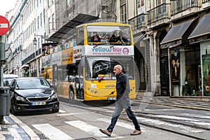 The Lisbon sightseeing bus tour in Lisbon, Portugal. The Lisbon bus tour is popular service for tourists