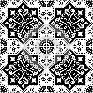 Lisbon Azulejo tile seamless vector pattern in black and white, Portuguese retro design with geometric tiles
