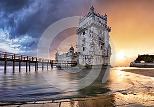 Lisbon, Belem tower at sunset, Lisboa - Portugal photo