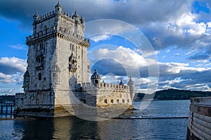 Lisbon, Belem Tower - Tagus River, Portugal. Architecture with bright blue sky