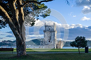 Lisbon, Belem Tower - Tagus River, Portugal. Architecture with bright blue sky