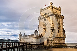 Lisbon, Belem Tower - Tagus River, Portugal one of the most famous attractions of Portugal, iconic monument built as a defense