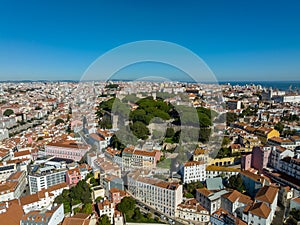 Lisbon City Downtown and City Center, Portugal. Drone Point of View. Sightseeing Places and Famous Architecture Buildings. Castle