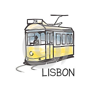 Lisbon city landmark famous vintage yellow tram #28, the oldest european public transport of the Old Town, Lisbon, Portugal. Retro photo