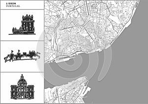 Lisbon city map with hand-drawn architecture icons photo