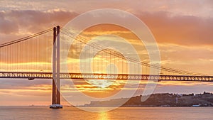 Lisbon city sunrise with April 25 bridge night to day