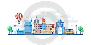 Lisbon cityscape with famous touristic landmarks. Vector flat illustration. Travel to Portugal banner design elements